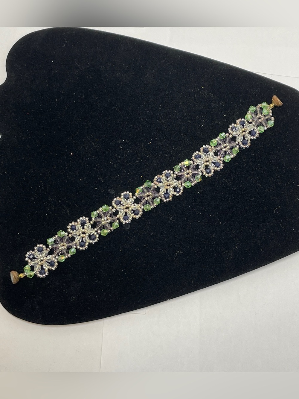Handmade seed bead iridescent Wild Flower garden bracelet Purple Lime Clear
